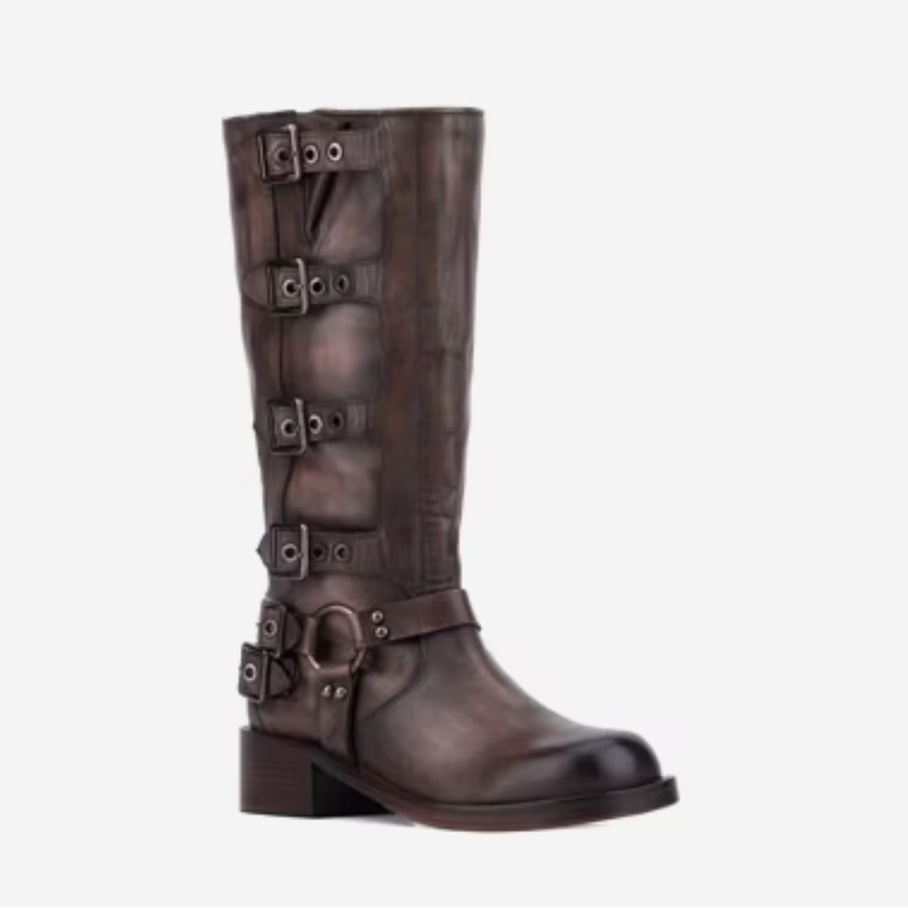Women's Brown Leather Buckle Boots